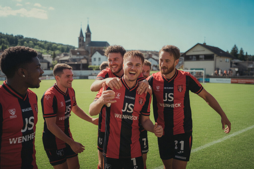Équipe de football de la JS Wenheck à Saint-Avold posant sur le terrain avant un match, symbolisant l’esprit d’équipe, la formation locale et la passion du foot en Moselle.